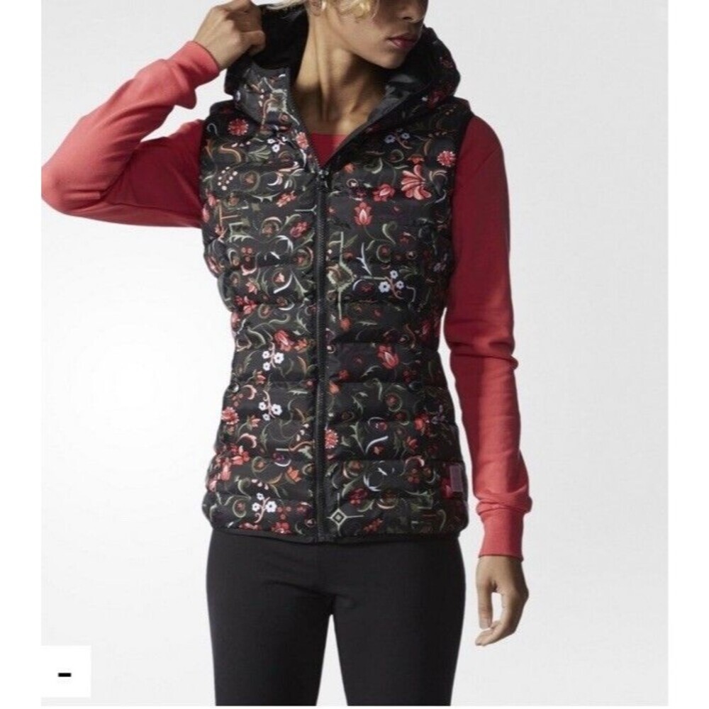 Adidas  Originals Puffer Vest Women’s  Small  Hooded Black Floral Print Full Zip